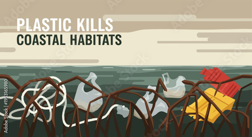 Plastic Pollution Threatens Coastal Habitats. Marine Debris Entangled in Mangroves.