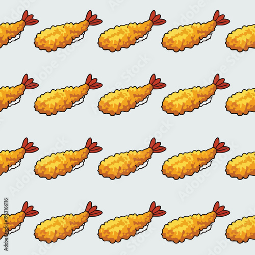 Fried Shrimp Seamless Pattern. Pixel Art Tempura Background. Crunchy Ebi Fry. Japanese Food Doodle.