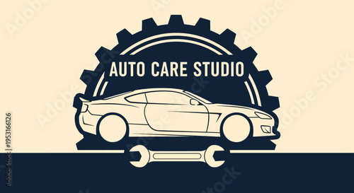 Auto Care Studio Logo with Sports Car and Gear.