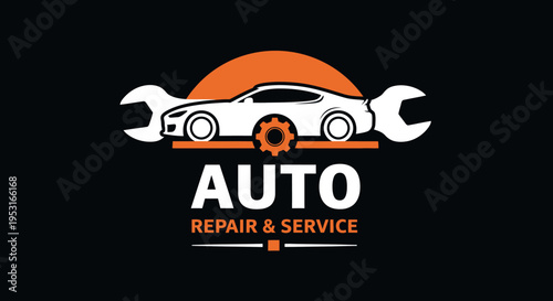Auto Repair and Service Logo with Car and Tools.