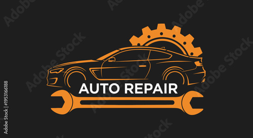 Auto Repair Service Emblem with Car and Tools.
