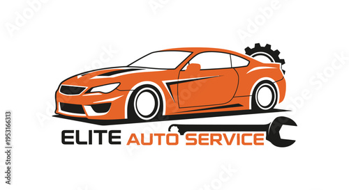 Elite Auto Service Logo with Orange Sports Car and Wrench.