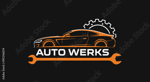 Sleek automotive logo with a sports car, gear, and wrench for Auto Werks.