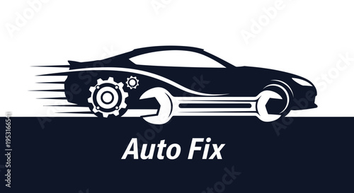 Sleek black car with wrench and gear graphic for auto repair service.