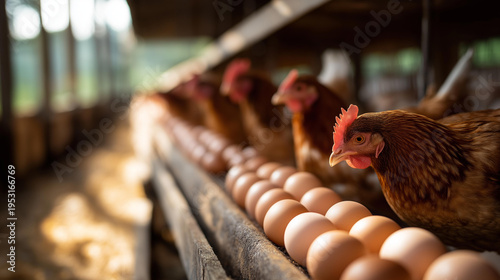 Chickens and rows of brown eggs in sunlit rustic poultry barn, farm egg production scene, agricultural setting, with copy space