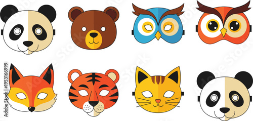 Cute Animal Face Mask Flat Vector Icon Set Featuring Rabbit, Bear, Owl, Fox, Tiger, Cat, and Panda Masks Isolated on White Background for Kids Party Design