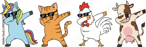 WebDabbing animals cartoon set, cute unicorn, cat, chicken and cow wearing sunglasses doing dabbing dance pose, funny farm animal characters, vector.