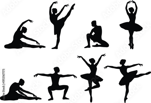 WebElegant ballet dancer silhouettes set, graceful ballerinas performing various dance poses, artistic movements, classical dance positions isolated on white background