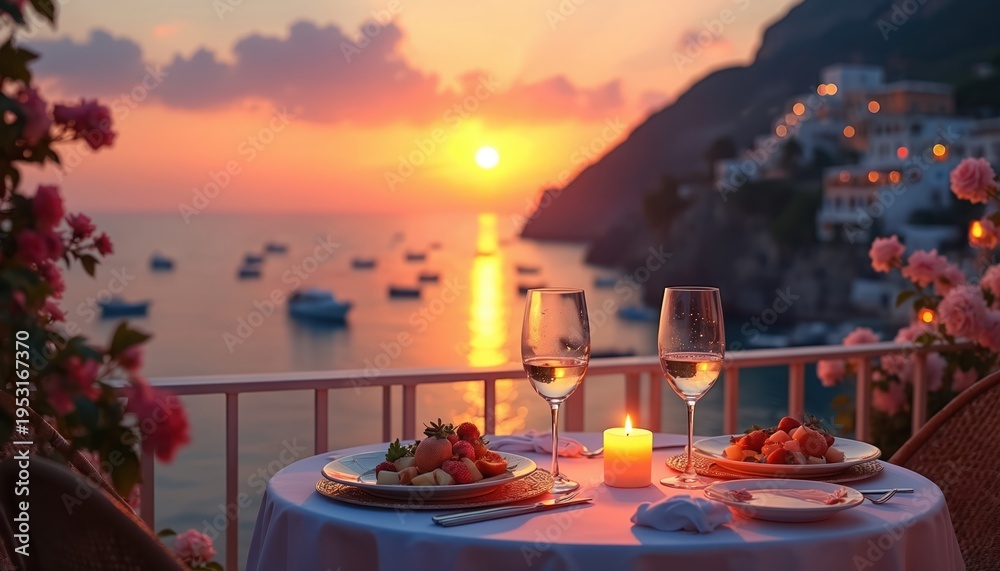 Obraz premium Romantic dinner for two on Italian coast terrace at sunset. Sea view with boats. Table set with wine glasses fruit plate and candle. Flowers frame scene.