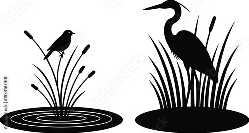 WebHeron and Songbird Silhouettes Set featuring Great Blue Heron and Small Bird perched on Cattails in Wetland Pond Nature Scene