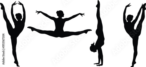 WebGymnastics silhouette set, female gymnasts performing splits, handstand, rhythmic dance poses, athletic woman figure, acrobatics training, flexibility exercises, sports vector.