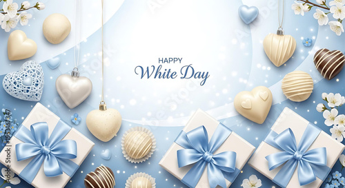 Elegant White Day inspired banner with sweet chocolate gifts, charming flowers, and delicate decorations for a romantic celebration of affection