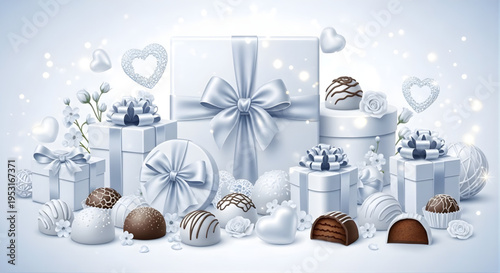 An elegant arrangement of white and silver gift boxes with shimmering bows, surrounded by gourmet chocolates and delicate decorations, creating a luxurious and festive display for celebrations
