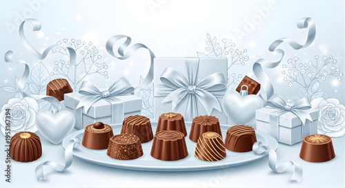 Indulgent gourmet chocolates presented artfully amidst shimmering silver gift boxes and elegant ribbons, embodying a refined concept of celebration and heartfelt gifting