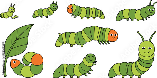 Cute Green Caterpillar Character Collection Vector Illustration with Smiling Worm Insect Poses on Leaf for Kids Nature Education and Garden Theme Designs