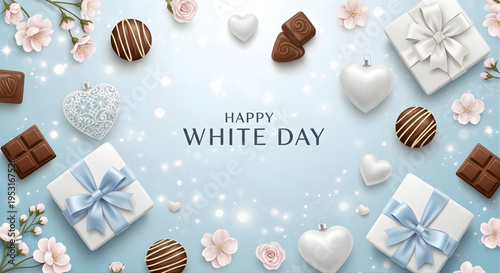 Happy White Day celebration with assorted chocolates and gift boxes arranged beautifully on a soft blue background with bokeh lights and delicate cherry blossoms
