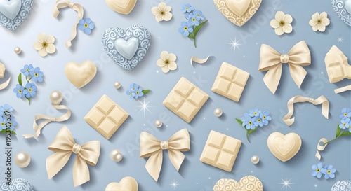 Sweet Delights A Romantic Pattern of White Chocolate, Ribbons, and Forget-Me-Nots on a Soft Blue Background