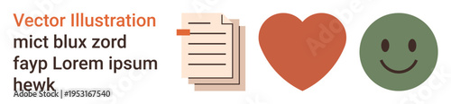 Communication, emotional health, positivity, relationships, documentation, motivation. A document icon, red heart and green happy face. Communication and emotional health icon concepts