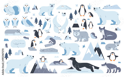 A vibrant illustration of diverse penguins and antarctic wildlife in their natural habitat Vector