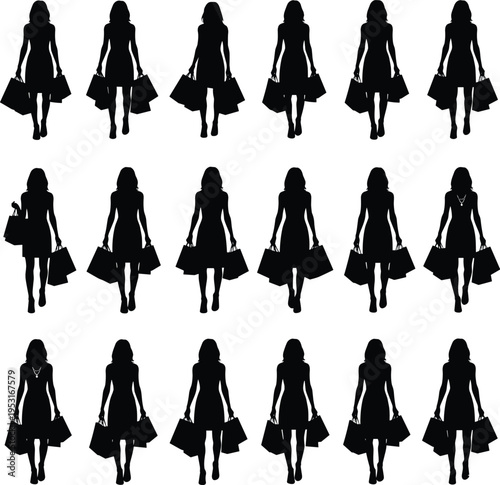 WebShopping woman silhouette set, lady walking with bags, retail therapy collection, fashion buyer group, girl shopping spree, black Friday sales.