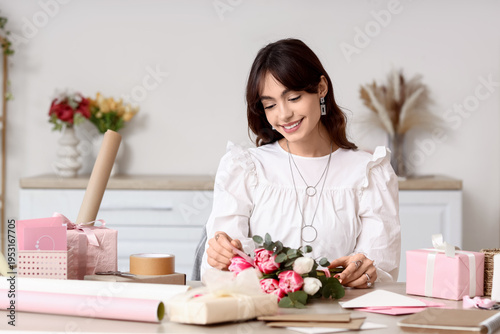 Happy young woman with pack...