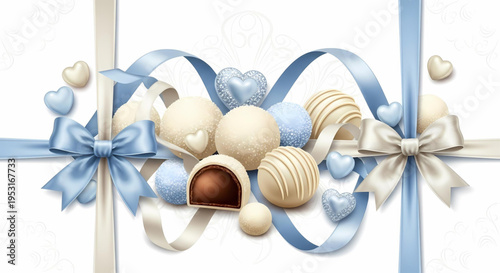Sweet Delights A Luxurious Assortment of White Chocolate Pralines and Truffles Adorned with Satin Ribbons and Delicate Hearts