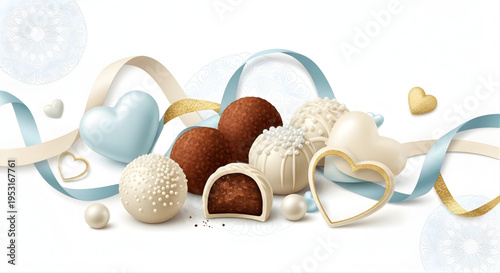 Luxurious display of gourmet chocolates and delicate ribbons, featuring creamy truffles and elegant heart shapes, perfect for romantic celebrations and sweet indulgence