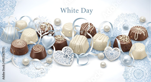 An elegant collection of assorted white and dark chocolates, adorned with decorative ribbons and pearls, perfect for White Day celebrations and gourmet gifting