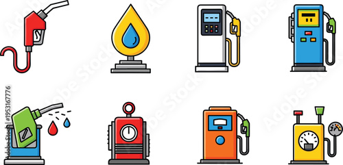 Fuel Pump and Gas Station Flat Vector Icon Set Featuring Petrol Dispensers, Nozzles, Oil Drop Symbol, and Energy Equipment Isolated on White Background