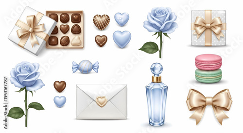 Beautiful romantic gift set featuring roses, chocolates, perfume, and sweets, perfect for Valentine's Day, anniversaries, or expressing love and affection