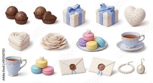 Delightful assortment of sweet confections, thoughtful presents, and sophisticated trinkets evoking feelings of love, joy, and refined indulgence