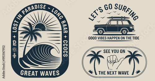 Surf Badge Logos Set – Beach Waves, Tropical Summer and Ocean Adventure Vector