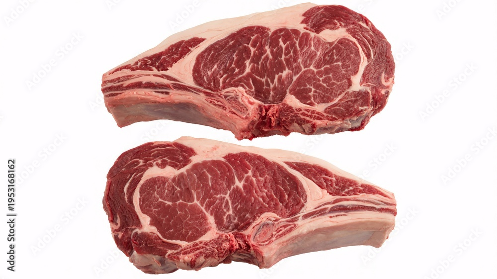 Obraz premium Two raw steaks with marbling on a white background, showcasing tender meat