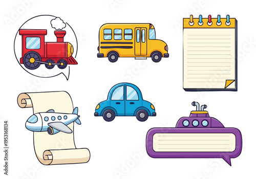 Cartoon transport vehicles and communication elements. Travel and stationery doodle icons set. Vector illustration.