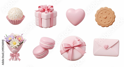 A delightful array of soft pink celebratory objects, including gifts, sweets, and floral arrangements, perfect for expressing affection and joy on romantic occasions and special dates