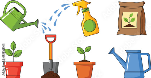 Gardening Tools and Plant Care Flat Vector Icon Set Featuring Watering Can, Spray Bottle, Soil Bag, Shovel, and Potted Plants Isolated on White Background
