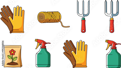 Gardening Tools and Equipment Set Vector Illustration with Garden Gloves Twine Rope Hand Cultivator Fork Fertilizer Bag and Water Spray Bottle Icons