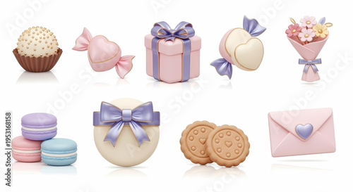 A delightful collection of charming pastel illustrations featuring sweet treats, romantic gifts, and festive confectionery, perfect for celebrations and special occasions