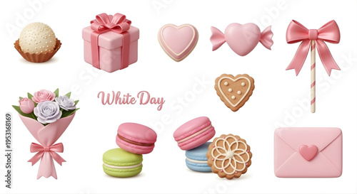 Collection of white and pink treats, gifts, and sweet confections perfect for Valentine's Day and White Day celebrations