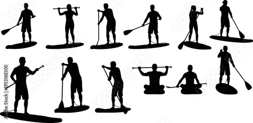 Stand up paddleboarding silhouettes collection, SUP board riders set, water sport activity poses, lake ocean lifestyle, fitness adventure concept, dynamic paddle design