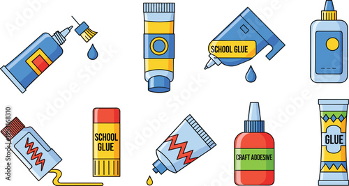 Glue Bottle and Adhesive Tube Flat Vector Icon Set Featuring School Glue, Craft Adhesives, Liquid Tubes, and Sticky Supplies Isolated on White Background