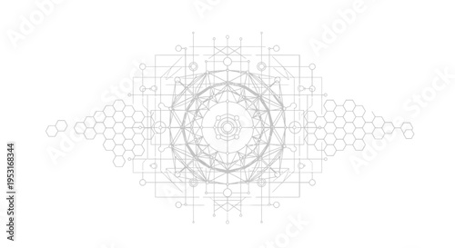 Abstract geometric pattern with intricate lines and shapes.
