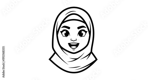 Happy Muslim Woman in Hijab Face Avatar - Black and White Line Art Vector