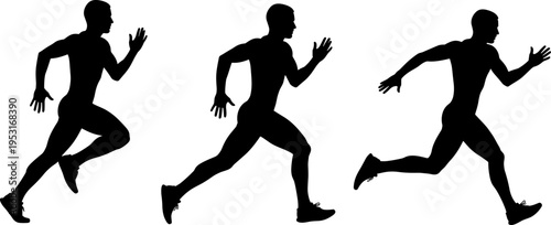 Running man silhouettes set, sprint motion poses, athletic male runner illustration, speed training concept, fitness exercise design, dynamic scollection