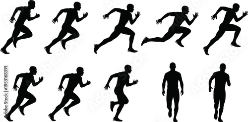 Running man silhouettes collection, sprint motion sequence, athletic male poses, fitness training illustration, dynamic sport action set, marathon runner design