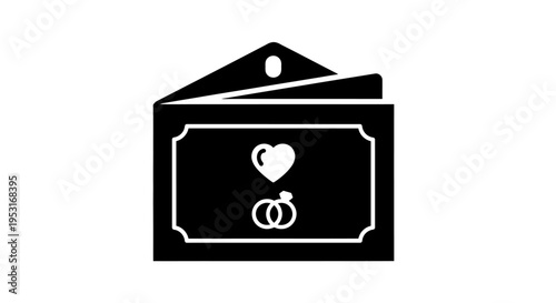 Wedding Finance Money Gift Wallet Glyph Icon with Heart and Rings in Black and White