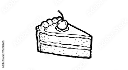 Black and White Line Art Slice of Cake with Cherry on Top