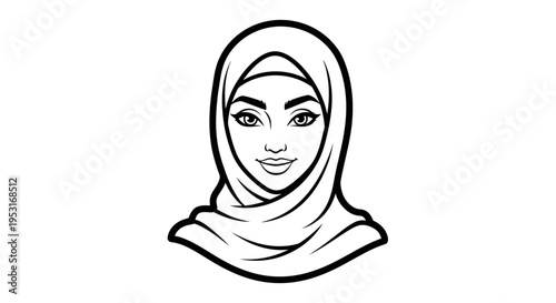 Black and White Line Art of a Woman Wearing a Hijab