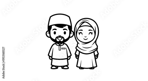 Black  White Line Art Islamic Couple Cartoon Islamic Attire