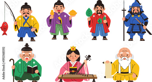 Japanese traditional characters collection vector illustration, samurai emperor princess and elder icons set, cultural people design